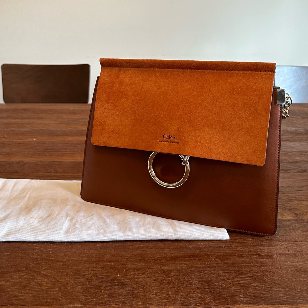 Chloé Faye Brown Leather & Suede Shoulder Bag Ring Chain Crossbody w/ Dust Bag
